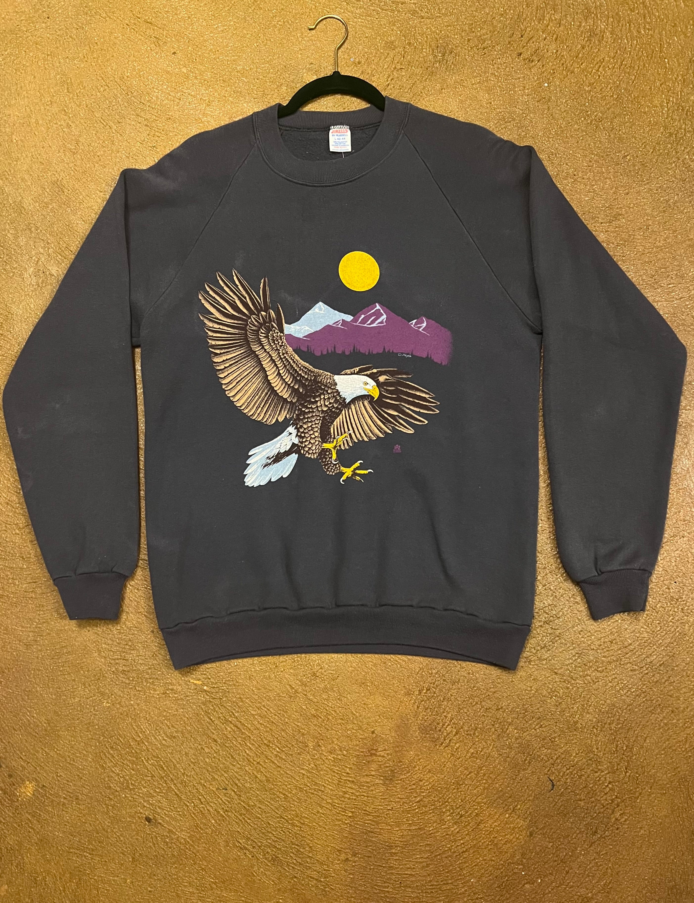 Vintage 80s bald Eagle sun, mountains Jerzees Sweatshirt Size L made in USA